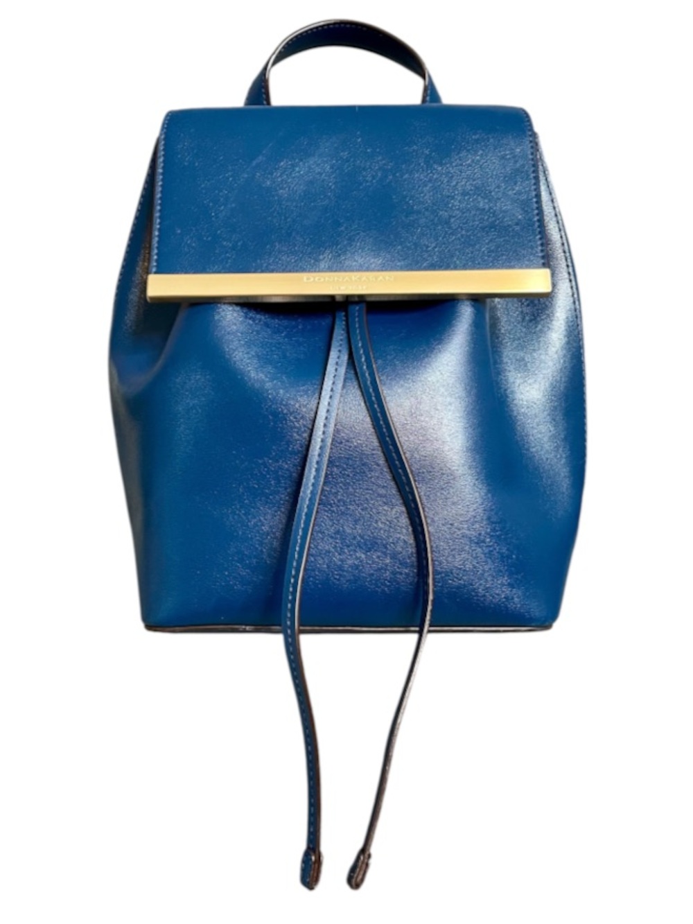Donna Karan Blue Leather Drawstring Backpack with Gold Bar Accent & Snap Closure